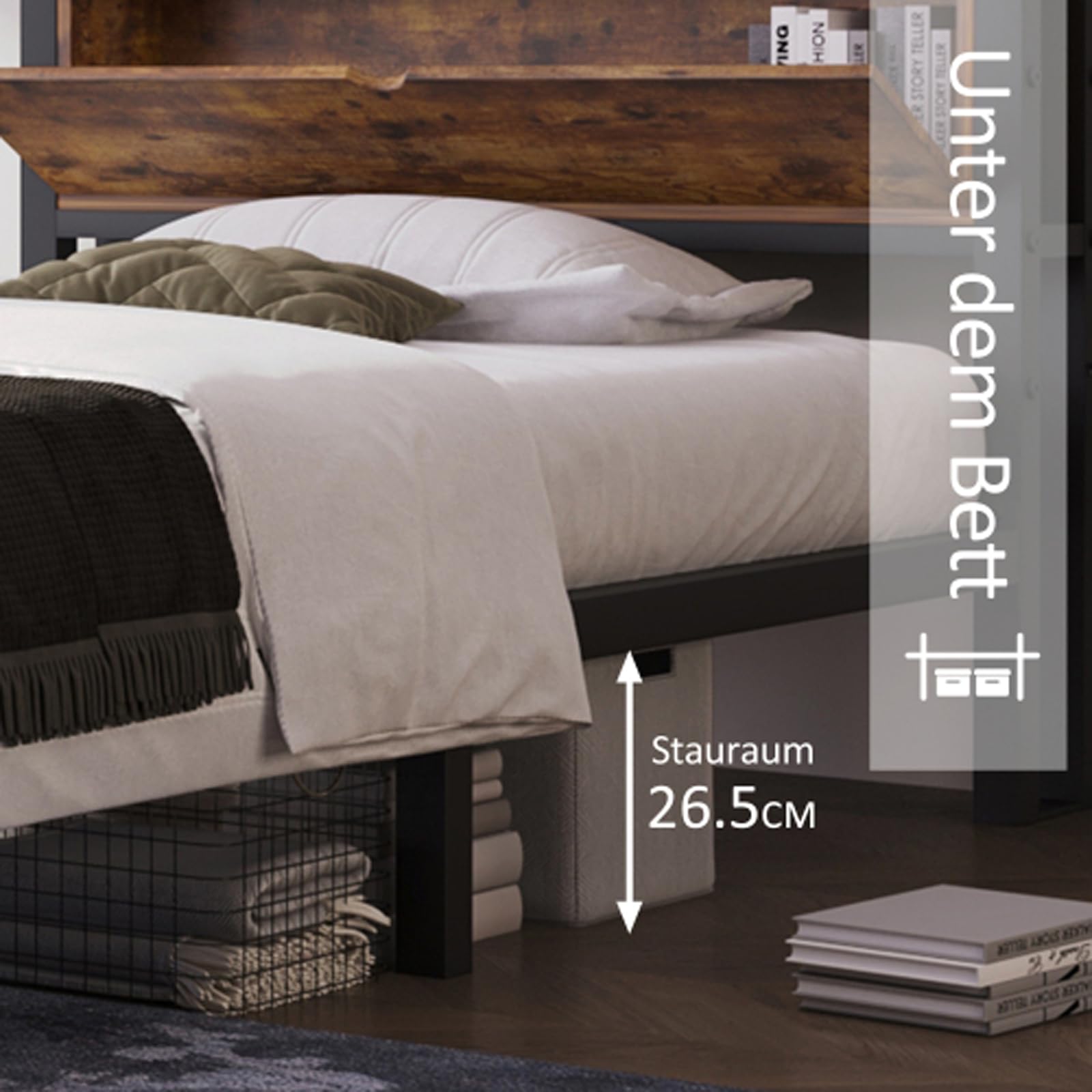 Lit 90x200 Cm Avec Tête De Lit Rangement - Cadre Métal Treillis, Design Industriel Pour Adulte Et Ado - 13