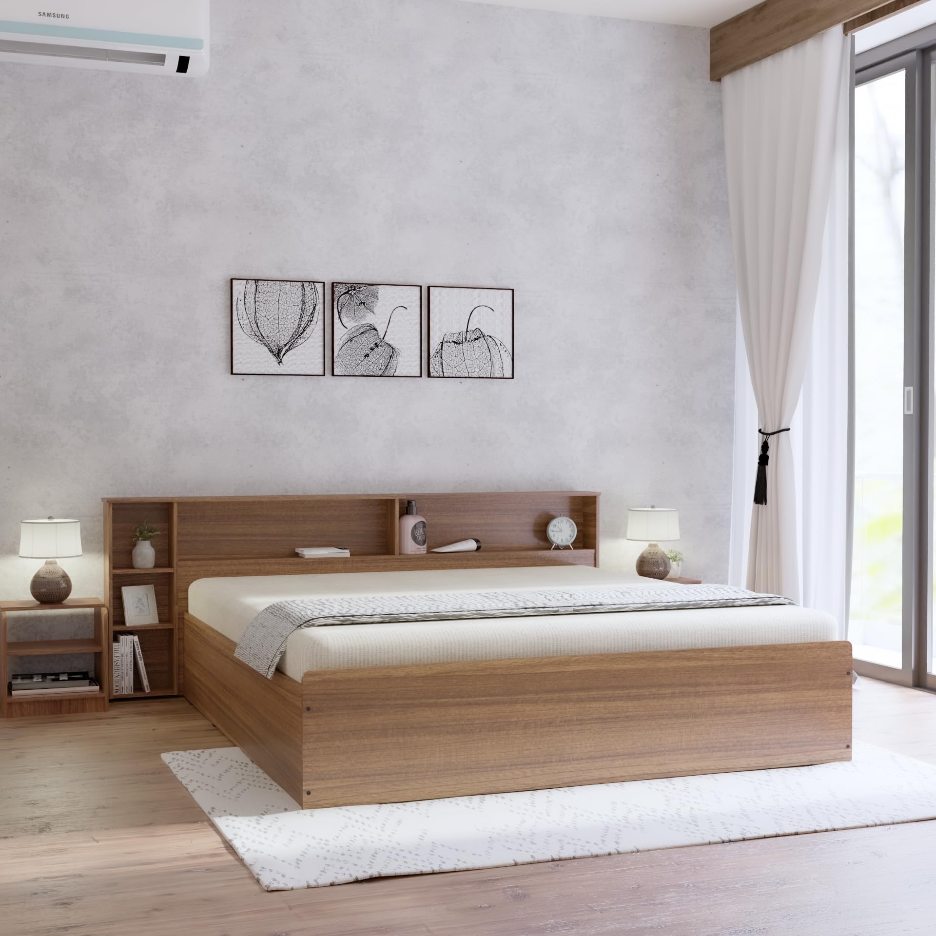NEUDOT Yovalty Queen Size Bed | Engineered Wood | Cot with Headboard for Bedroom | Box Storage | Sturdy and Durable Frame | Premium Craftmanship | 12 Months Warranty | Leon Teak Finish
