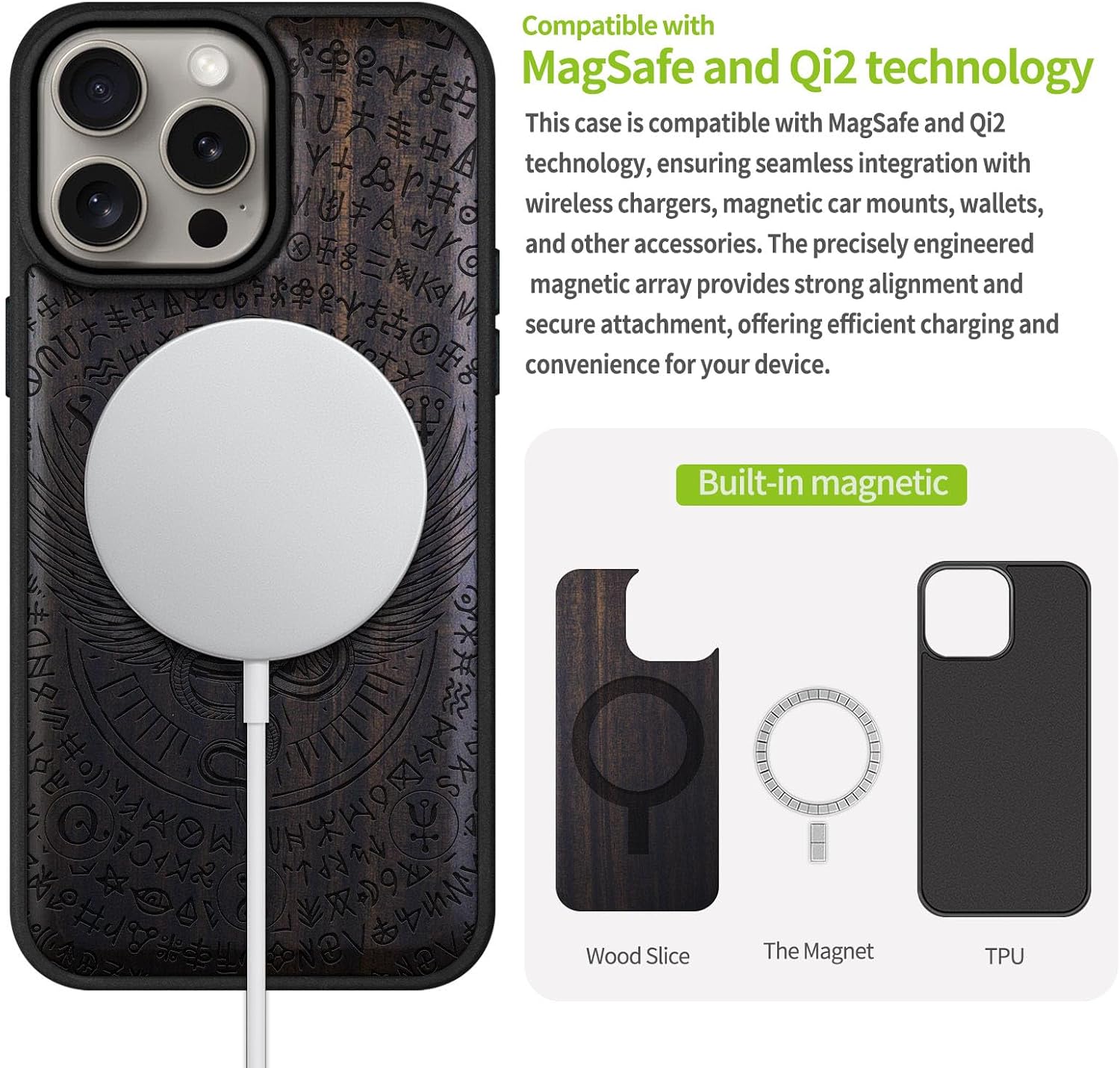 Carveit Magnetic Wooden Case for iPhone 15 Pro Max Case, Compatible with MagSafe Wireless Chargers, Black Soft TPU Shockproof Cover & Wood Artisan Engraved (Winged Serpent Blade) - Blackwood