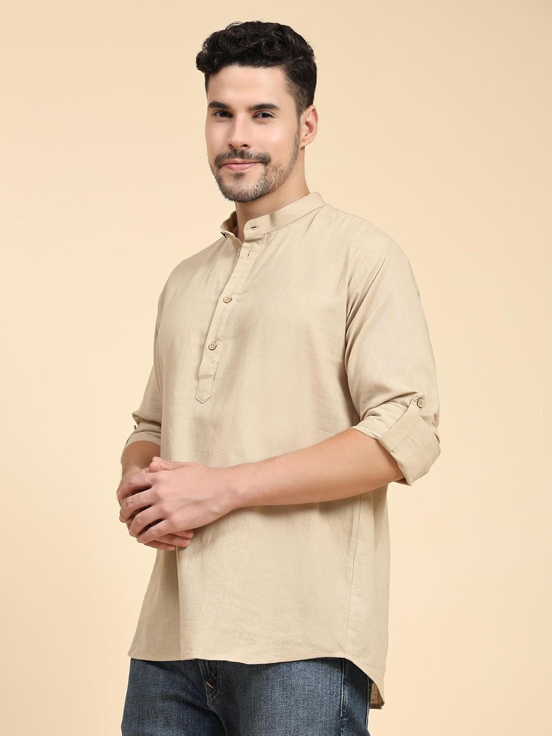SKAVIJ Men’s Cotton Linen Kurta Shirt – Long Sleeve Henley with Mandarin Collar Roll-Up Sleeves Casual Ethnic Tunic Top - Image 5
