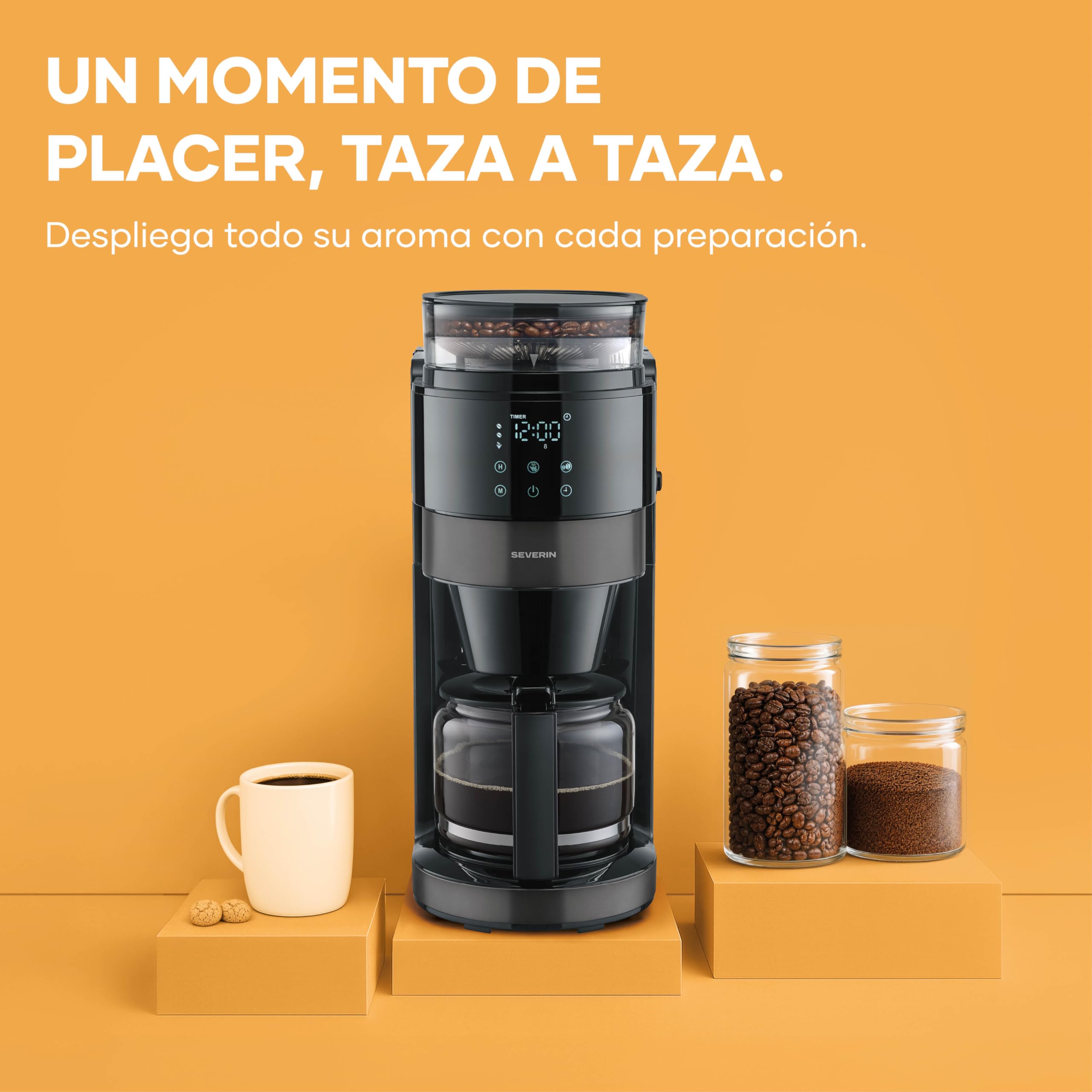 Severin Cafetera de goteo, con jarra de cristal y molinillo, 1,25L de capacidad, hasta 10 tazas, interrupción por goteo, aroma intenso, pantalla LED, 900W, inox oscuro, negro, KA 4830
