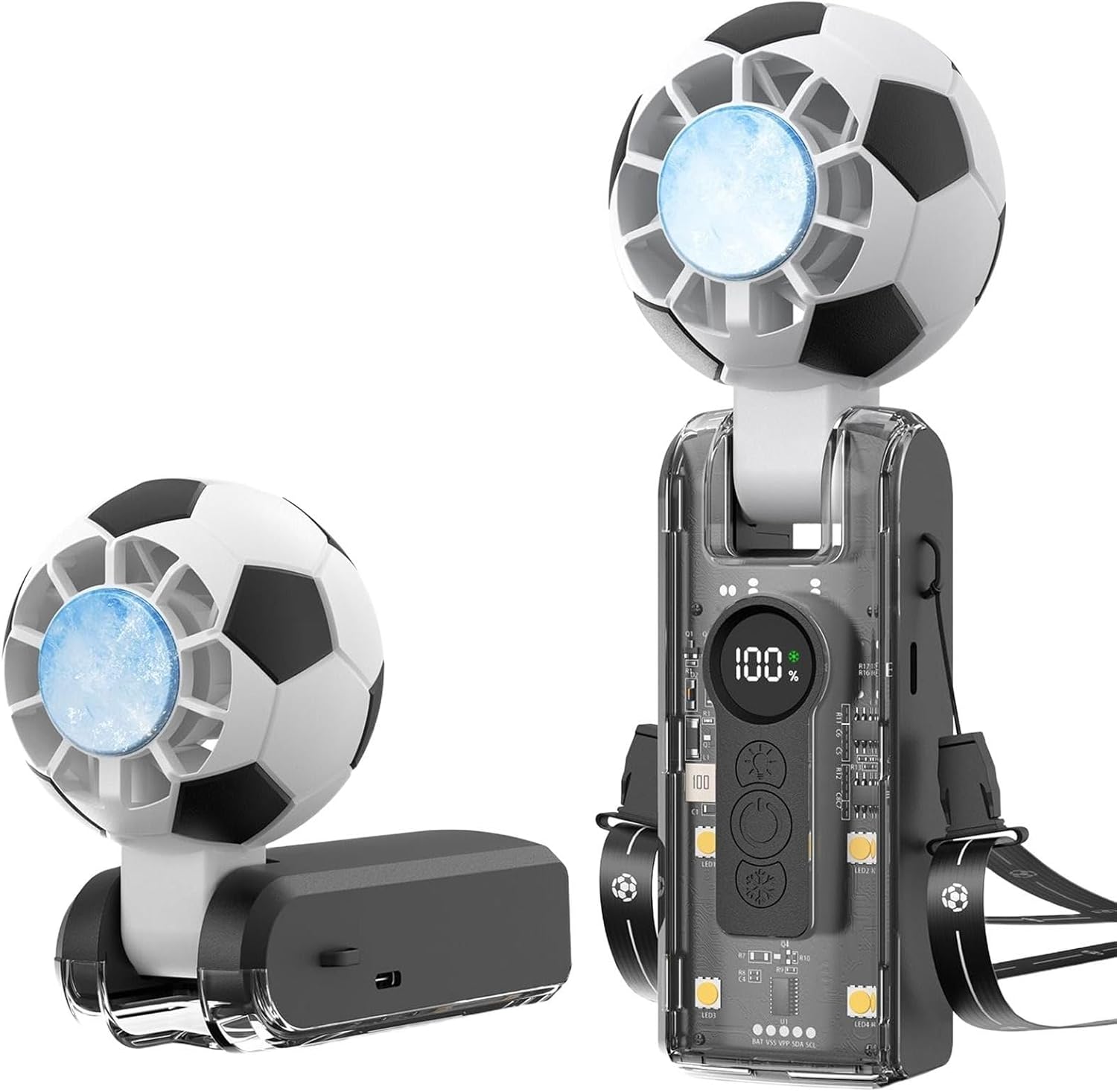 Portable Handheld Turbo Fan with Ice Cooler, Soccer-Shaped, Rechargeable, 180° Adjustable, Mini Pocket Fan for Travel, Outdoor, Office (Black)