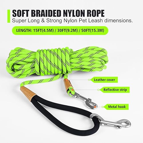 Miniatura 2 de Lynxking Correa larga para perros reflectante de 15 pies, 30 pies, 50 pies, correa de control para perros con cuerda de comprobación, mango Negro