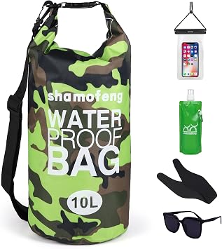 Waterproof Dry Bag 5L/10L/15L/20L/30L Roll Top Dry Storage Backpack with Phone Case, Collapsible Water Bottle, Sunglasses, Ear Band for Kayaking Boating Swimming Fishing Camping, Green 20L