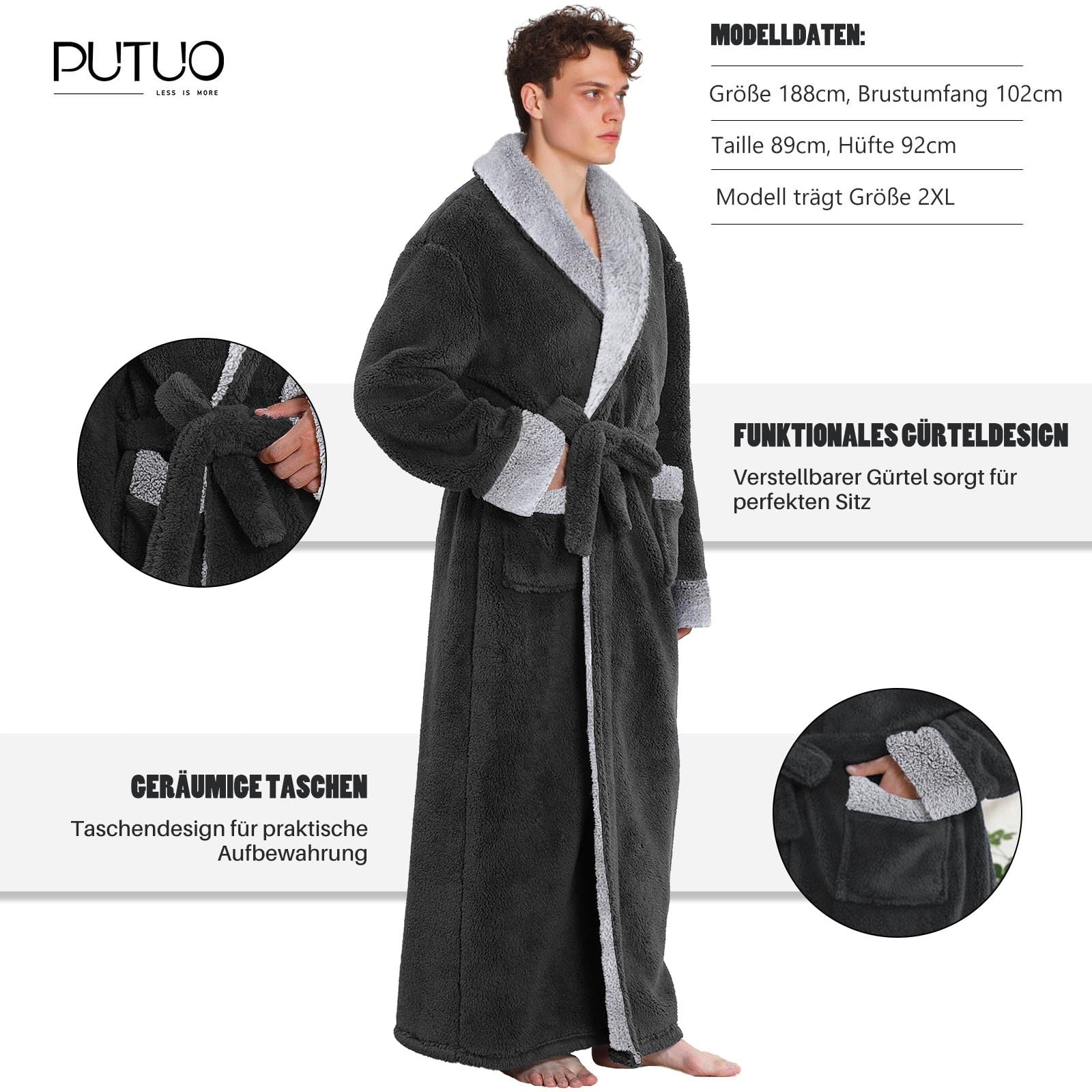 PUTUO Lang Flauschig Bademantel für Herren: Extra Langer Winter Morgenmantel aus Plüsch für Männer - Weiche warme flauschige Fleece Bademäntel Hausmantel Geschenk