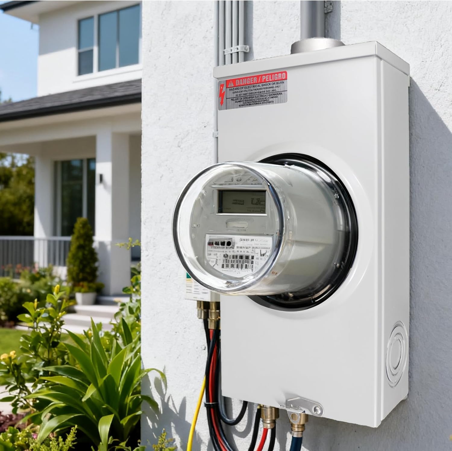 200 Amp Meter Socket, 4 Jaw Meter Base, 600V 1 Phase 3 Wire Ringless Type with Horn Bypass, Suitable for Overhead/Underground Feed Electric Meter Box for Single Family Homes