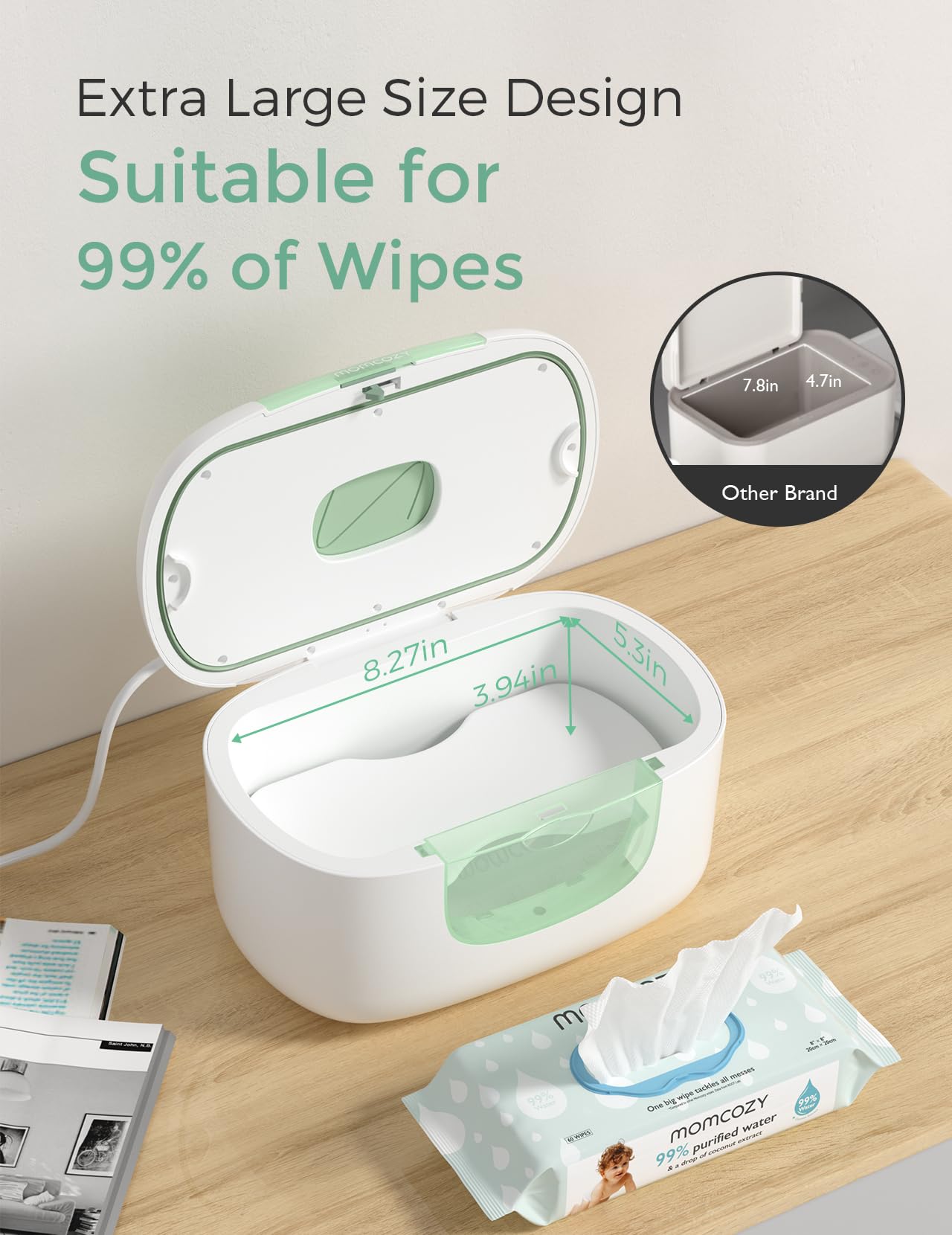 Momcozy Lot de 100 distributeurs de lingettes pour bébé de grande capacité, chauffage rapide de 10 minutes avec 4 modes de température, design innovant à ressort, silicone et joints supérieurs