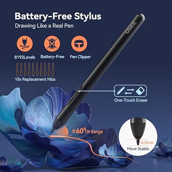 Graphics Drawing Tablet, UGEE S640 Digital Drawing Pad with 10 Hot Keys, 6.5x4 inch Pen Tablet with 8192 Levels Battery-Free Stylus Support Android/Windows/Mac OS/Chrome OS/Linux