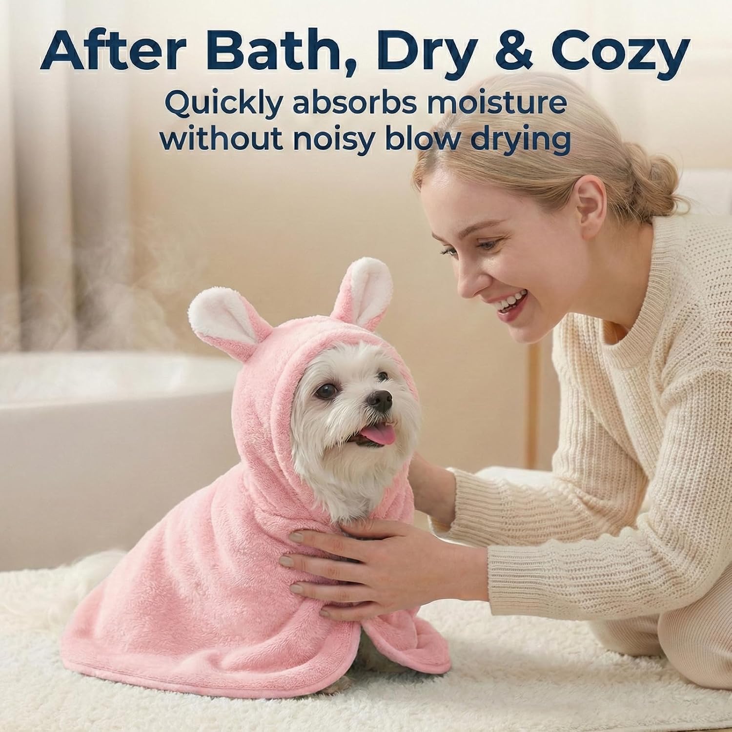 Dog Bathrobe Super Absorbent Towel for Small Dogs Cats Fast Drying Dog Robe Coat with Hood Puppy Cat Bath Towel Wrap Pet Grooming Supplies After Shower (Pink,XS)