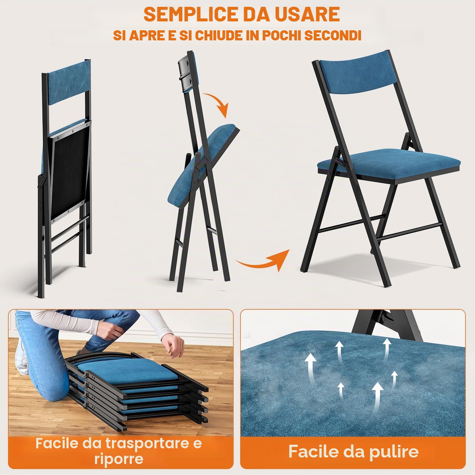 Set di 4 sedie pieghevoli, imbottita in velluto, portata fino a 200 kg, in stile retrò, molto resistenti con robusto telaio, per Giardino, Esterno, Campeggio, Balcone, Interni, Ufficio, Feste ,Blu