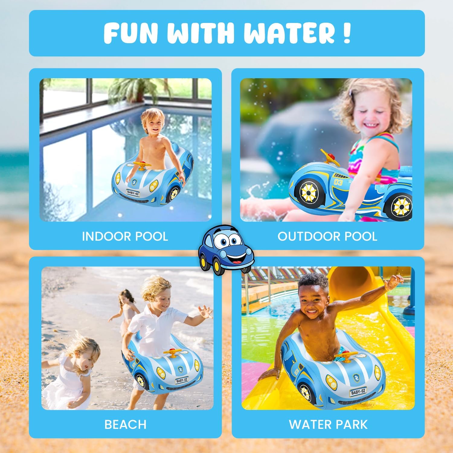 Baby Pool Float 3D Car Baby Floaties for Toddlers 12-48 Months Heavy Duty Infant Swim Float Toddlers Pool Floats Kids Swim Floaties Swimming Pool Floats for 1-4 Years Toddler Floaties for Boys & Girls