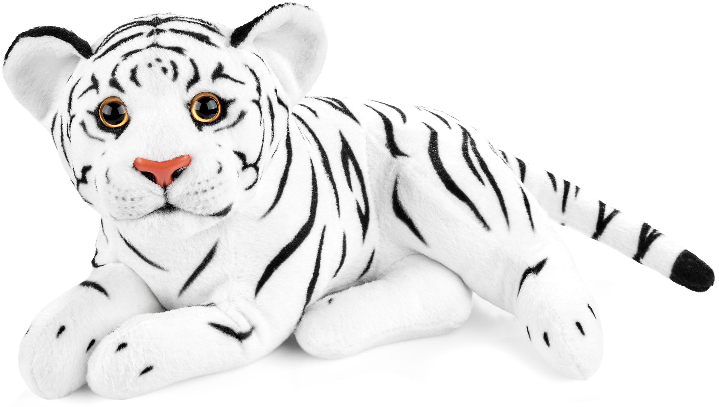 BRUBAKER Tiger Cuddly Toy - 30 cm Soft Toy - Baby Plush Toy Big Cat Lying Down - Kids Plush Toy - White