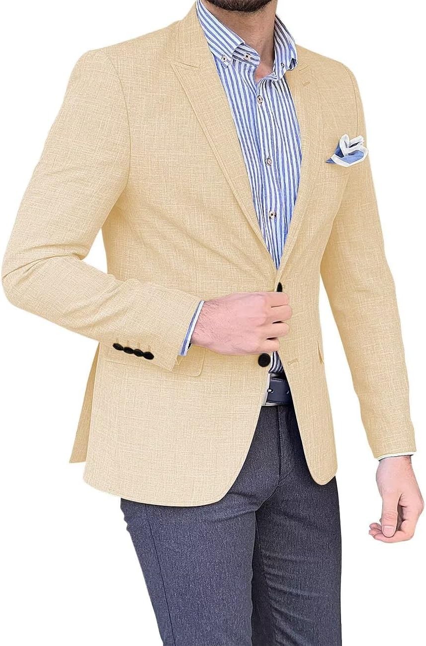 Mens Linen Suit Jackets Casual Two Button Slim Fit Blazers Suit Sport Coats for Wedding Prom Party