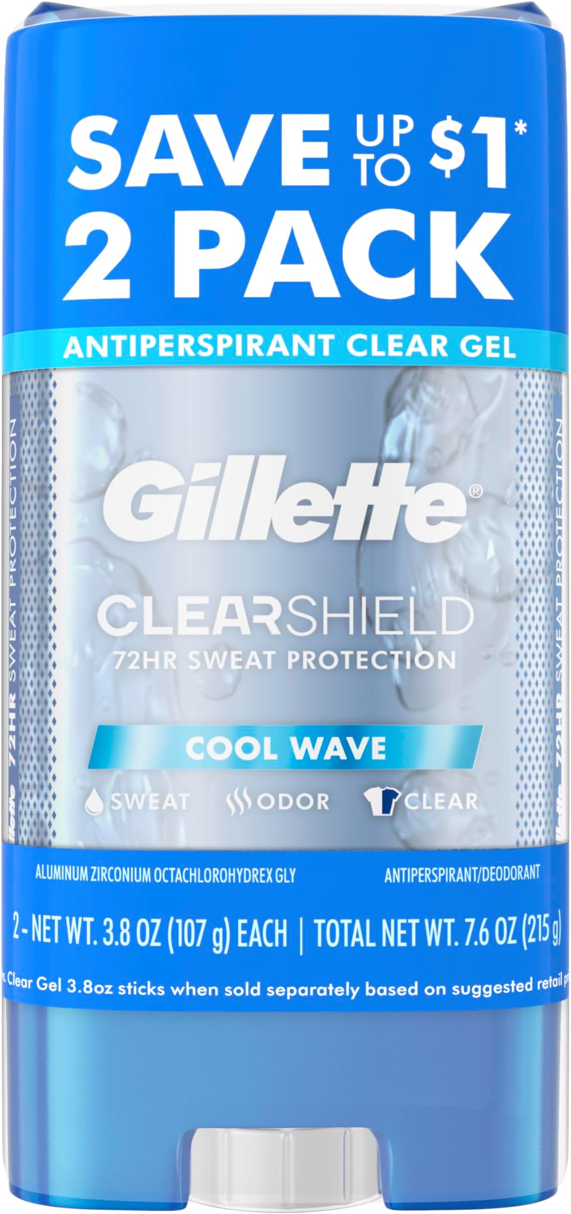 Antiperspirant and Deodorant for Men, 72hr Sweat & Odor Protection, Long Lasting Freshness, Anti-White Mark Technology, Clear Gel, Cool Wave Scent, 3.8 oz (Pack of 2)