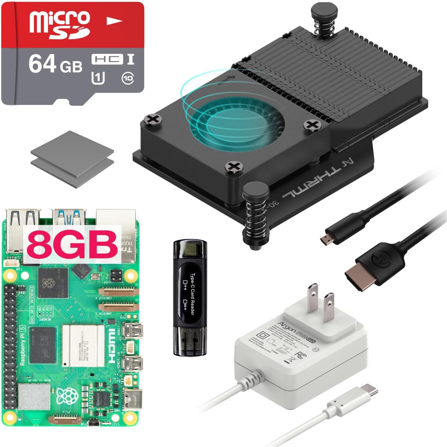Argon PWR GaN Kit for Raspberry Pi 5 | Pi 5 Board (8GB) / 27W PWR GAN Pi 5 Power Supply/Pi 5 Active Cooler / 64GB SD Card / 2 Micro HDMI Cable