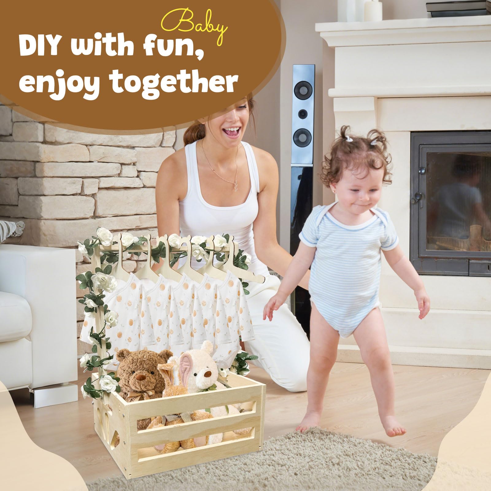 Holz Baby Geschenk Korb mit Griff, Kinder Kleiderbügel und Girlande, Holz Babyparty Schrank, Baby Aufbewahrungskorb,Personalisierte Baby Korb für Schwangere Neue Eltern(Holzfarbe)