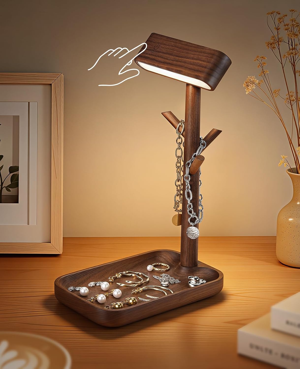 Wooden Table Lamp, Tree Trunk Rechargeable LED Bedside Lamp with Jewelry Tray, 360° Rotating Cordless Lamp for Nightstand or Entryway (Black Walnut)