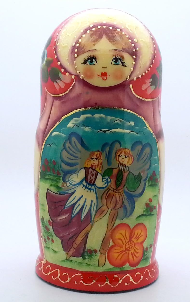 Thumbelina Fairy Tale Russian Hand Carved Hand Painted Nesting 5 Piece Doll Set / 7"