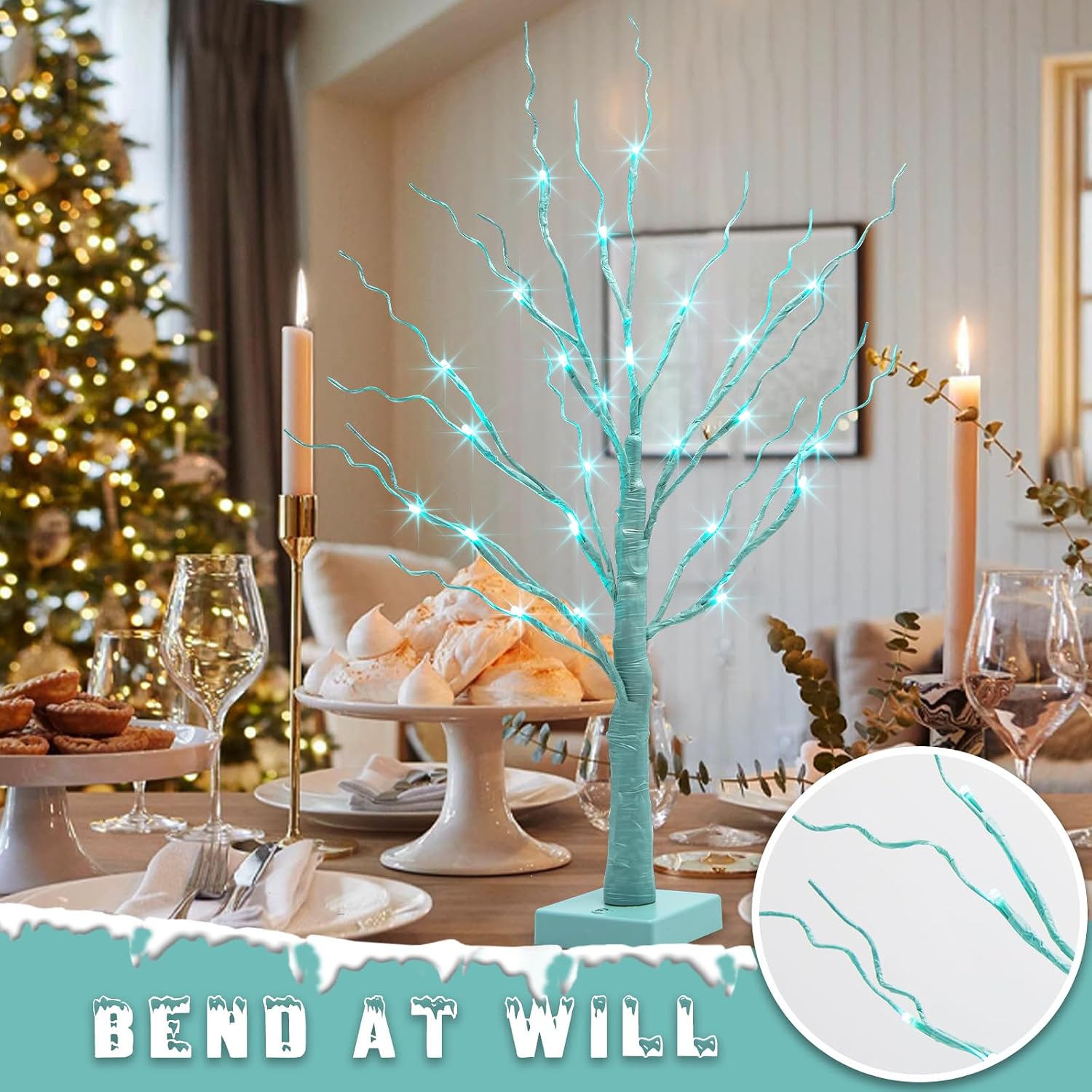 PEIDUO Blue-Green Trees Decorations for The Home, 2FT 24LT Tree Light Battery Powered Timer, for Home Bedroom Living Room Fireplace Party Father's Day Hanukkah and Christmas