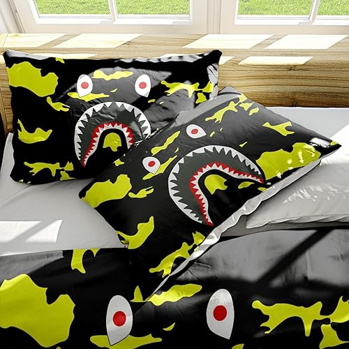 Miniatura 4 de Juego de funda de edredón de tiburón camuflaje con estampado 3D para decoración de habitación, juego de ropa de cama supersuave de 3 piezas (1 funda