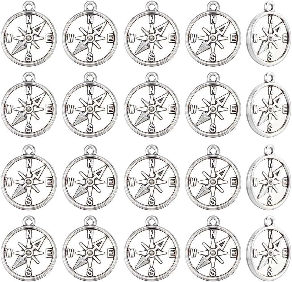 SUNNYCLUE 1 Box 50Pcs Silver Compass Charm Metal Nautical Charms Bulk Alloy Tibetan Antique Summer Hawaii Sea Ocean Anchor Small Pendants for Jewelry Making Necklaces Earrings DIY Crafts Supplies