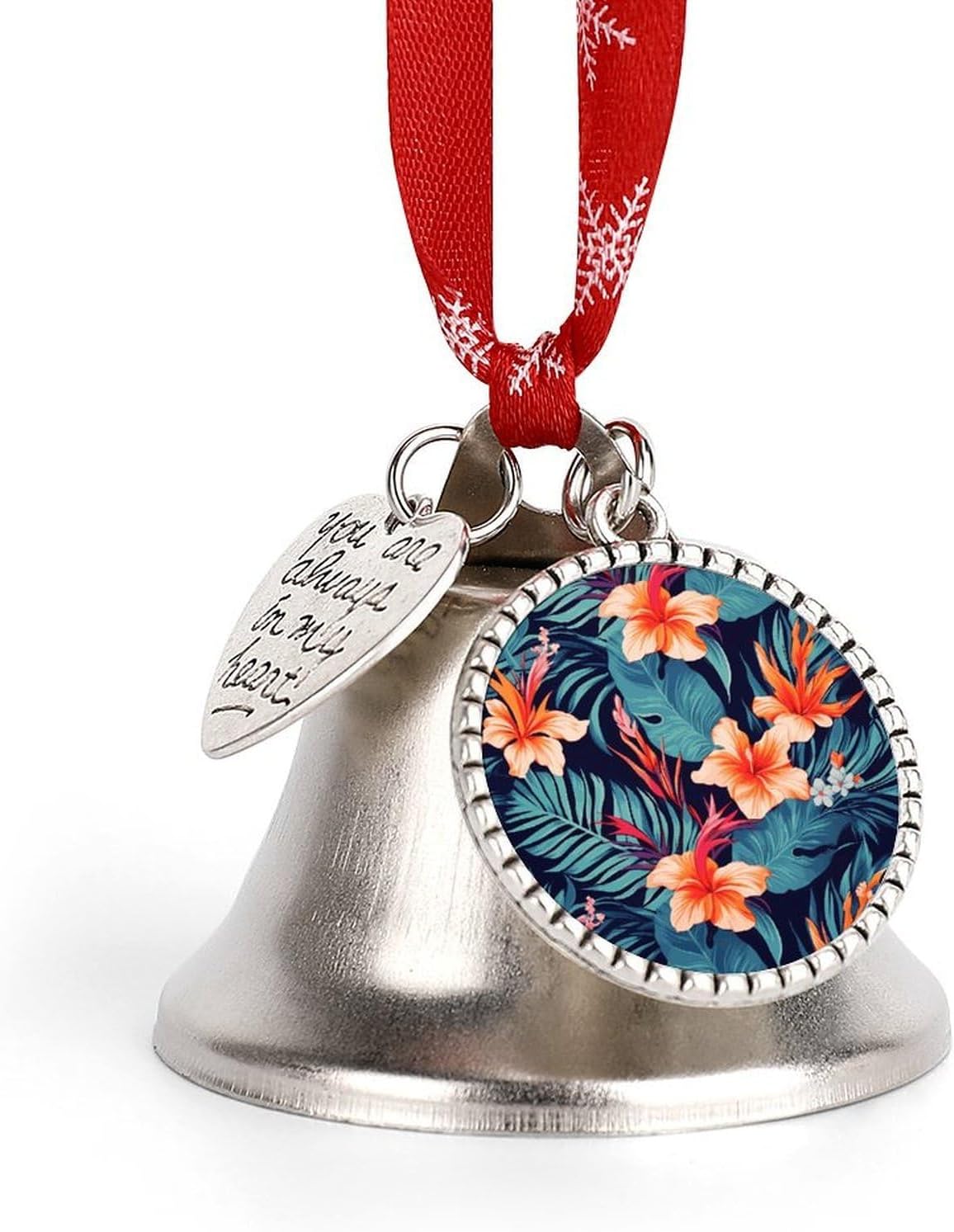 Metal Iron Christmas Bell Ornaments - Cute Personalized Hawaii Tropical Flower Printed Hanging Bells, Elegant & Durable for Christmas Home Party Wedding Decor