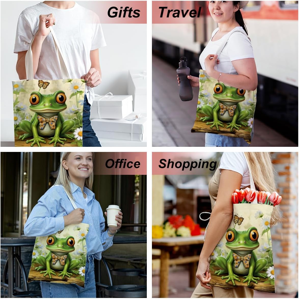 Frog Decor Canvas Tote Bag for Women - Cute Beach & Christmas Gifts - Reusable Grocery Bags - Image 4