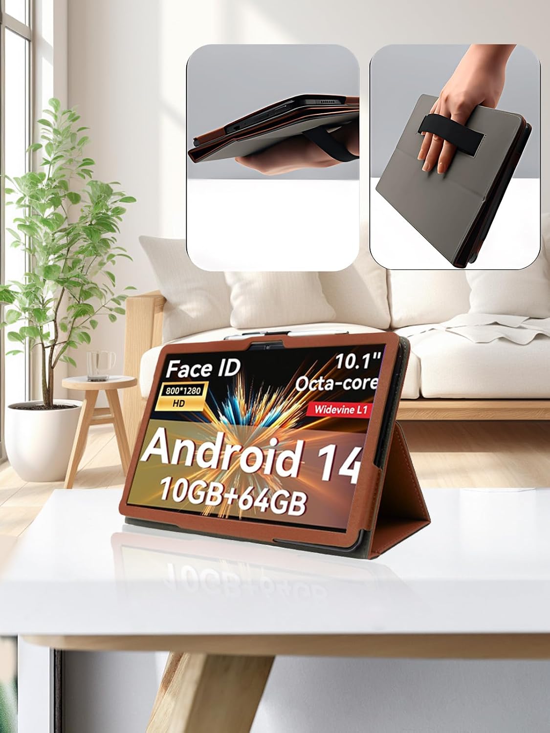 for TUOHAITIME C30 10.1 Inch Android Tablet Case,Folding Stand Protective Cover with Pencil Holder and Wrist Strap,Full Protection, Premium PU, Scratch Resistant(Brown) image 5