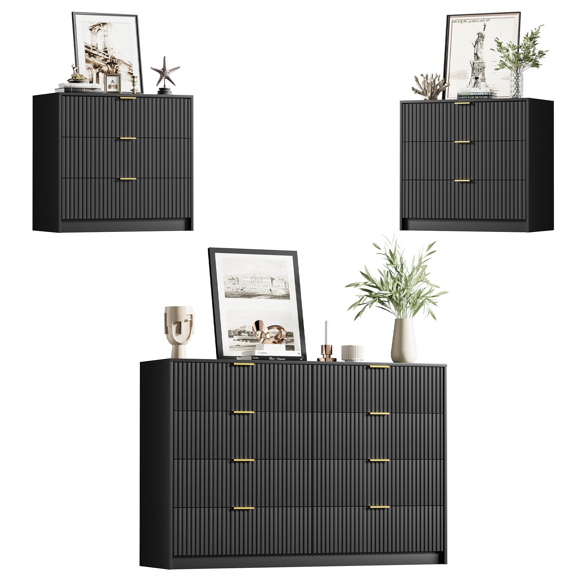 3 Piece Modern Bedroom Set, 8 Drawer Dresser with 2 Nightstands, Black