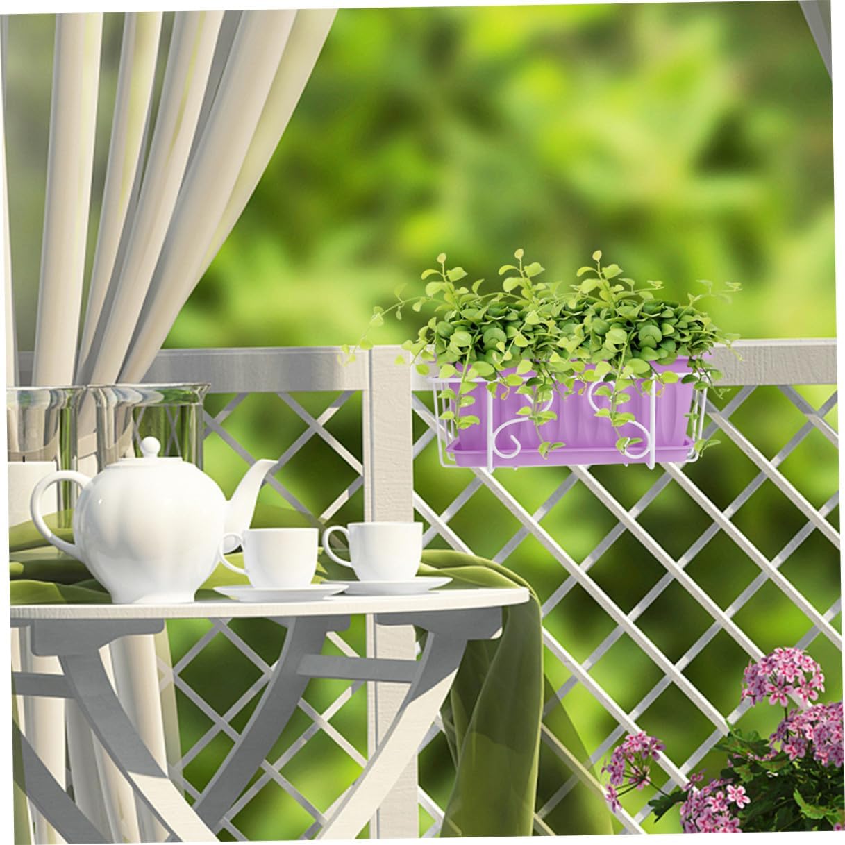POPETPOP Rectangular Flower Pot Hanging Planter with White Iron Bracket and Saucer, Medium Purple Window Box Planter for Vegetable and Succulent Growing on Balcony Railing, Garden Planting