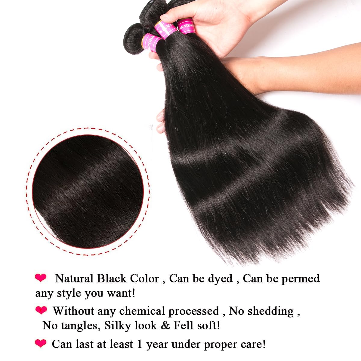 Straight Bundles Human Hair Virgin Hair Weave Natural Black 10 12 14 Inch image 3