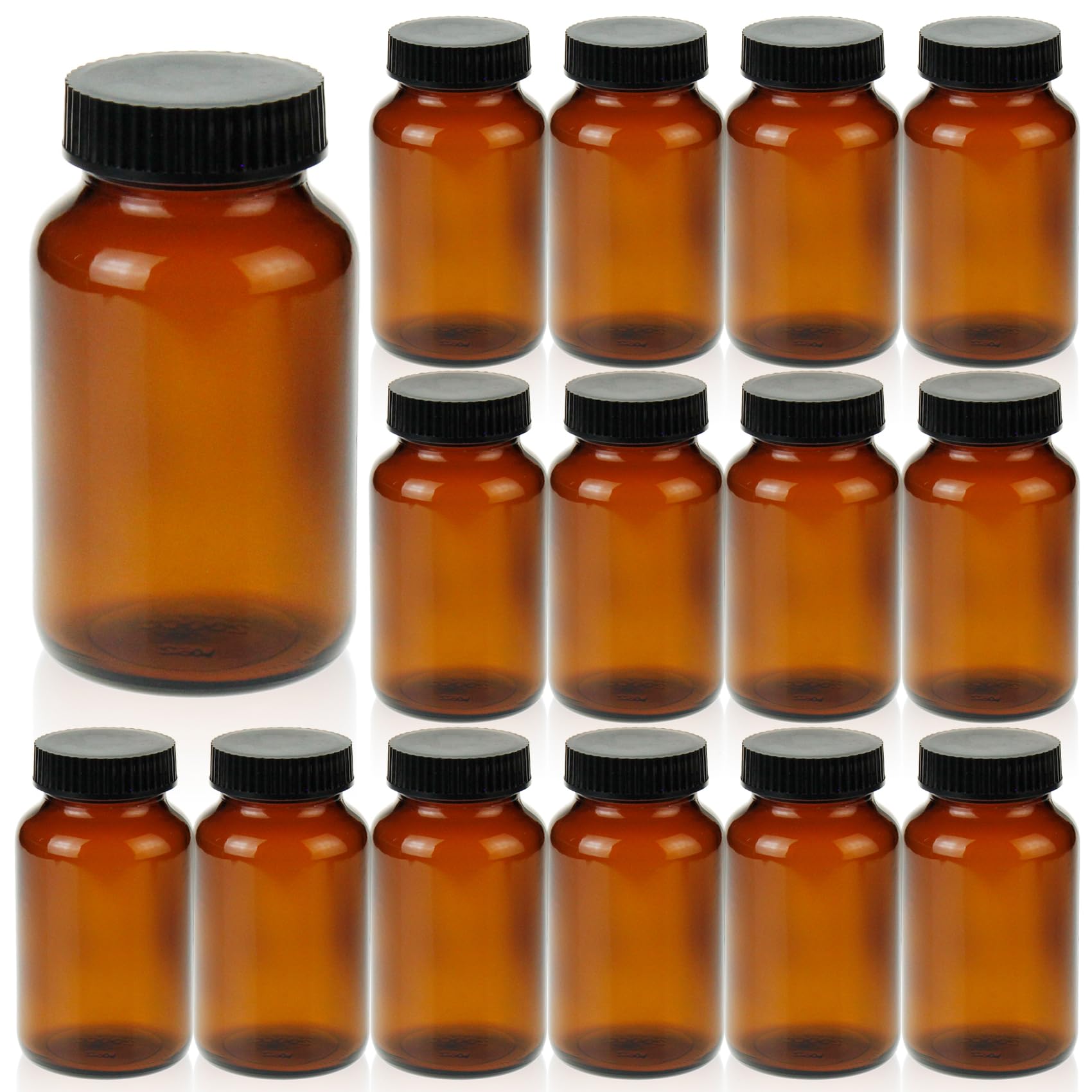 SERHICS 200 ml(6.7 OZ) Amber Glass Wide Mouth Packer Bottle with Black Ribbed Cap, Pack of 24 bottle