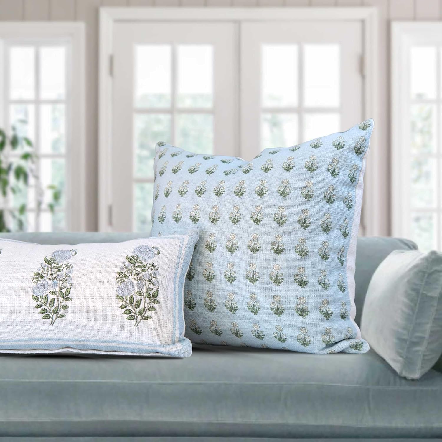 Tajik Home Genevieve Blue Block Print Lumbar Pillow Cover – 14x24, 100% Cotton Floral Cushion Cover for Sofa or Bed, Farmhouse & Grandmillennial Decor