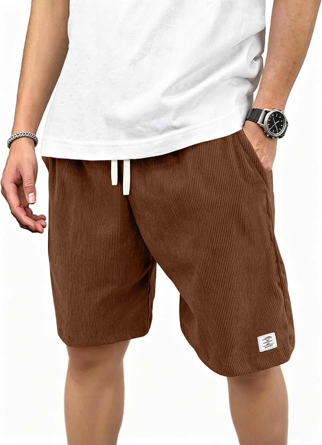 Mens Corduroy Shorts with Pockets,7 Inch Casual Elastic Waist Summer Beach Shorts with Drawstring