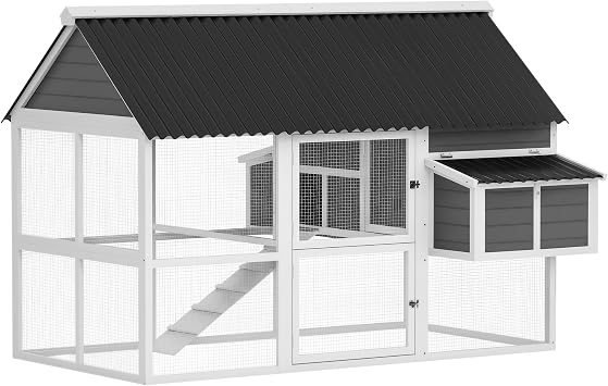 PawHut Chicken Coop with Run, Large, for 4-6 Chickens, 69" W x 84" x 59" | Wooden Chicken House, 2 Nesting Boxes, 2 Roosting Bars, Ramp & Tray, Hen House Poultry Cage