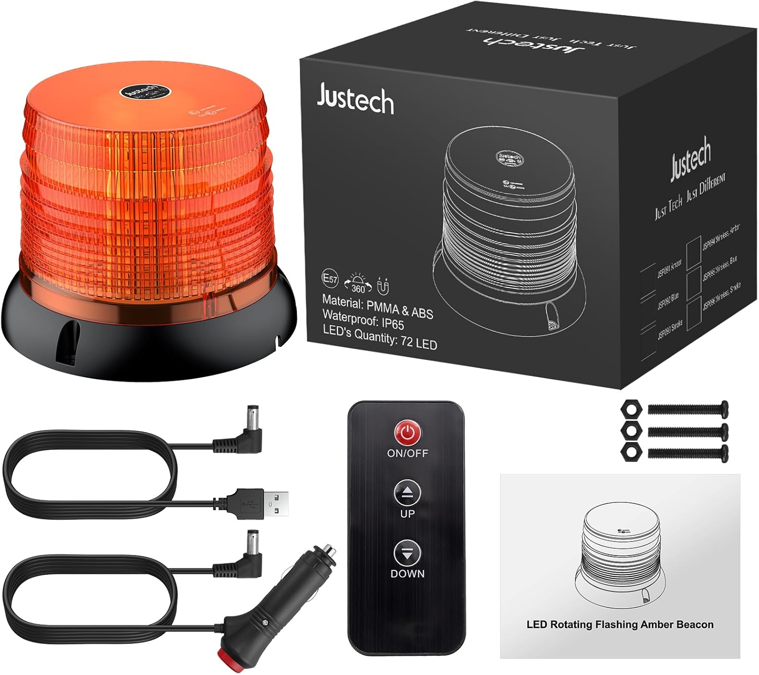 Justech 72 LED Remote Strobe Light Rechargeable Magnetic Emergency Flashing Warning Lights with 6 Flash Modes & IP65 Waterproof, 12-24V Amber Beacon Light for Trucks Vehicle Tractors Snow Plow