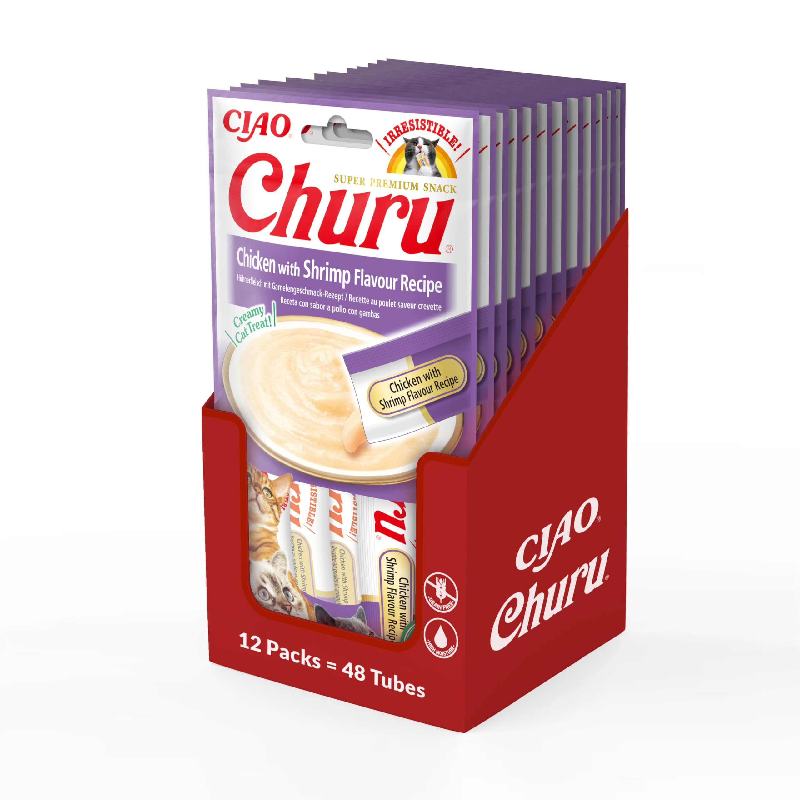 Ciao Churu Sticks by INABA Cat Treat - Chicken & Shrimp Flavour 12 Pack (48 x 14g total) / Soft & Creamy Cat Treat, Delicious & Healthy Snack, Purée Food Topper, Pill Assist, Natural, Grain Free