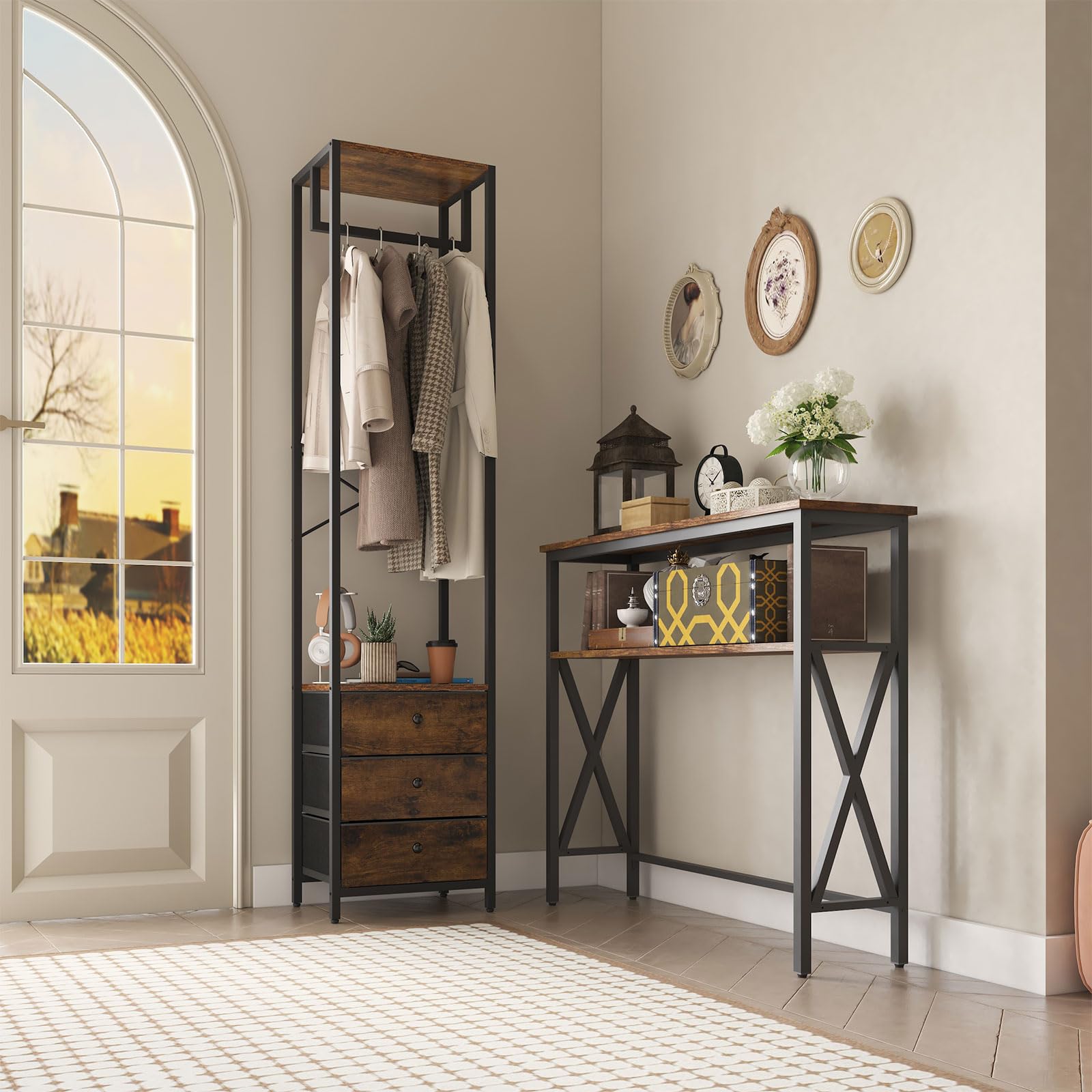 YMYNY Appendiabiti da Terra, Appendiabiti con 3 Cassetti, Multifunzionale Stand Appendiabiti Autoportante, Portabiti da Ingresso,per Corridoio, Camera da Letto, Soggiorno 39×29×179CM Marrone HGR001H