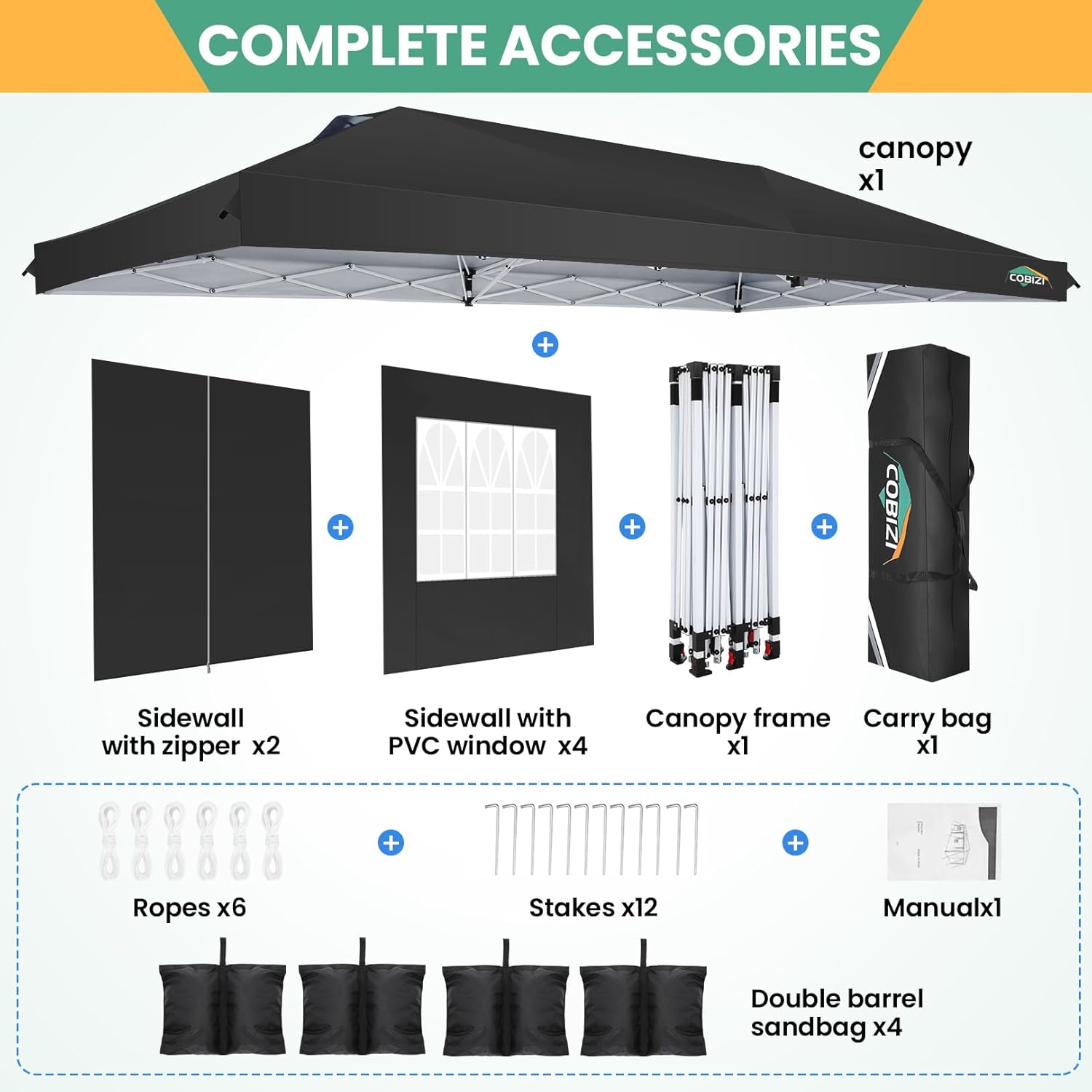 COBIZI 10x20 Pop Up Canopy Tent with 6 Removable Sidewalls,Waterproof & UV 50+ Easy Up Canopy,Commercial Gazebo with Air Vent,4 Sand Bags,4 Stakes & 8 Ropes,Tents for Parties/Camping/Backyard,Black