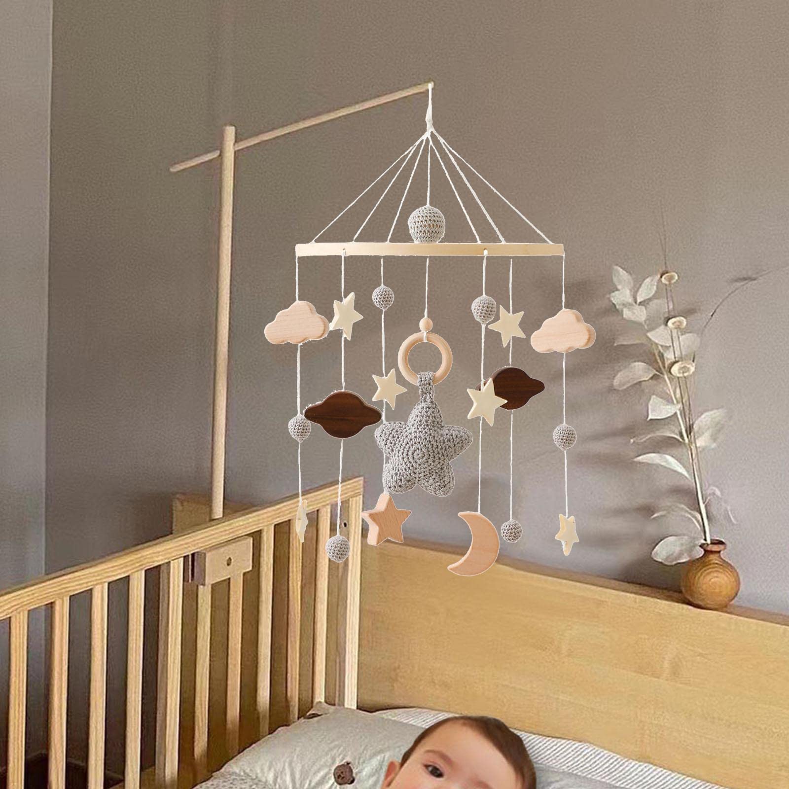 Mobile Bébé Bois Accroche Berceau Jouet Suspendu Rotatif Jouet Sensoriel Activité Douce Nouveau-né Pram Convient Chambre Bébé Décoration Photographie