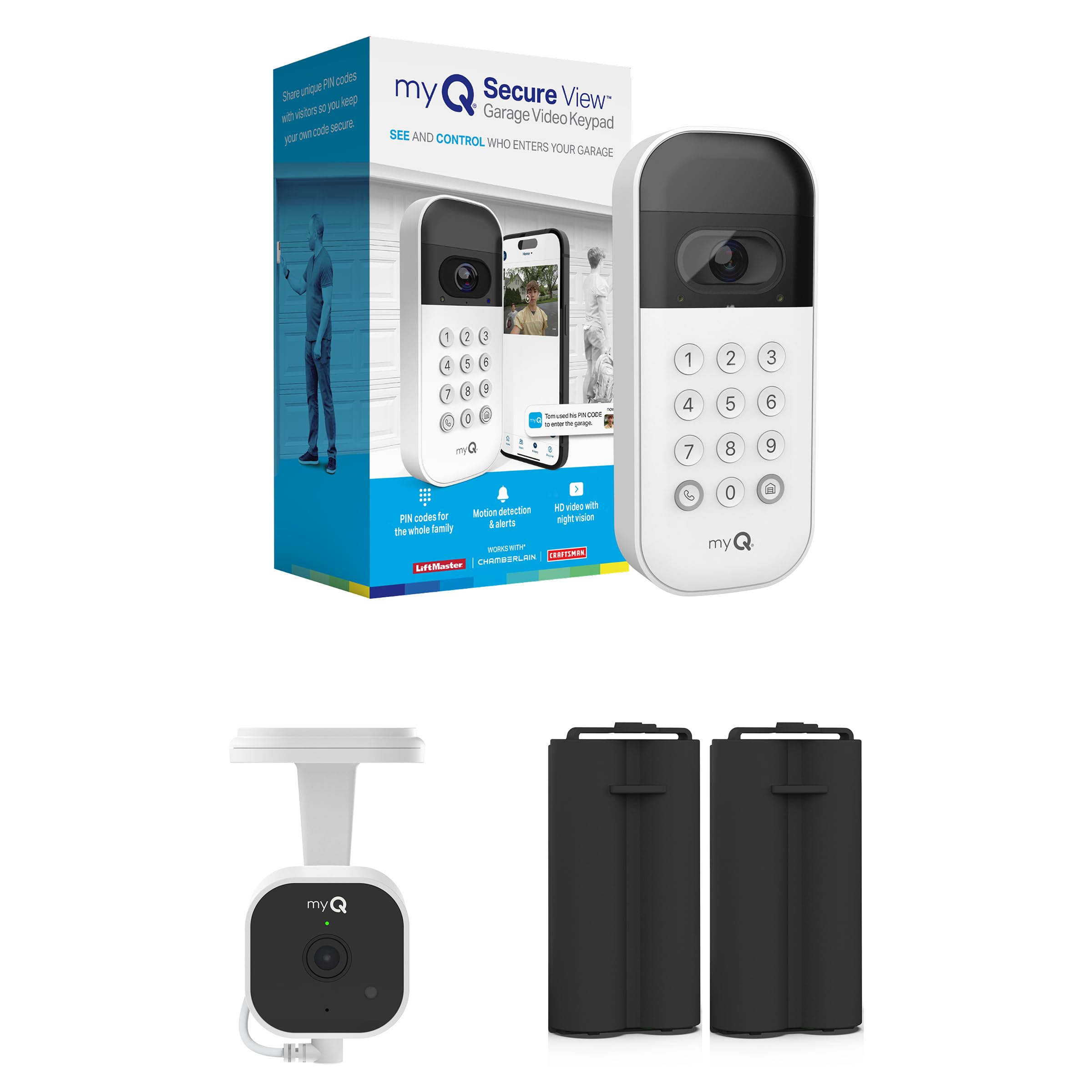 myQ Smart Garage Starter Kit: Garage Door Video Keypad + Rechargeable Battery + Wi-Fi Plug-in 2K Camera, Custom PIN Codes, Wide-Angle Lens, Night Vision, 2-Way Audio, Motion Alerts and App Control