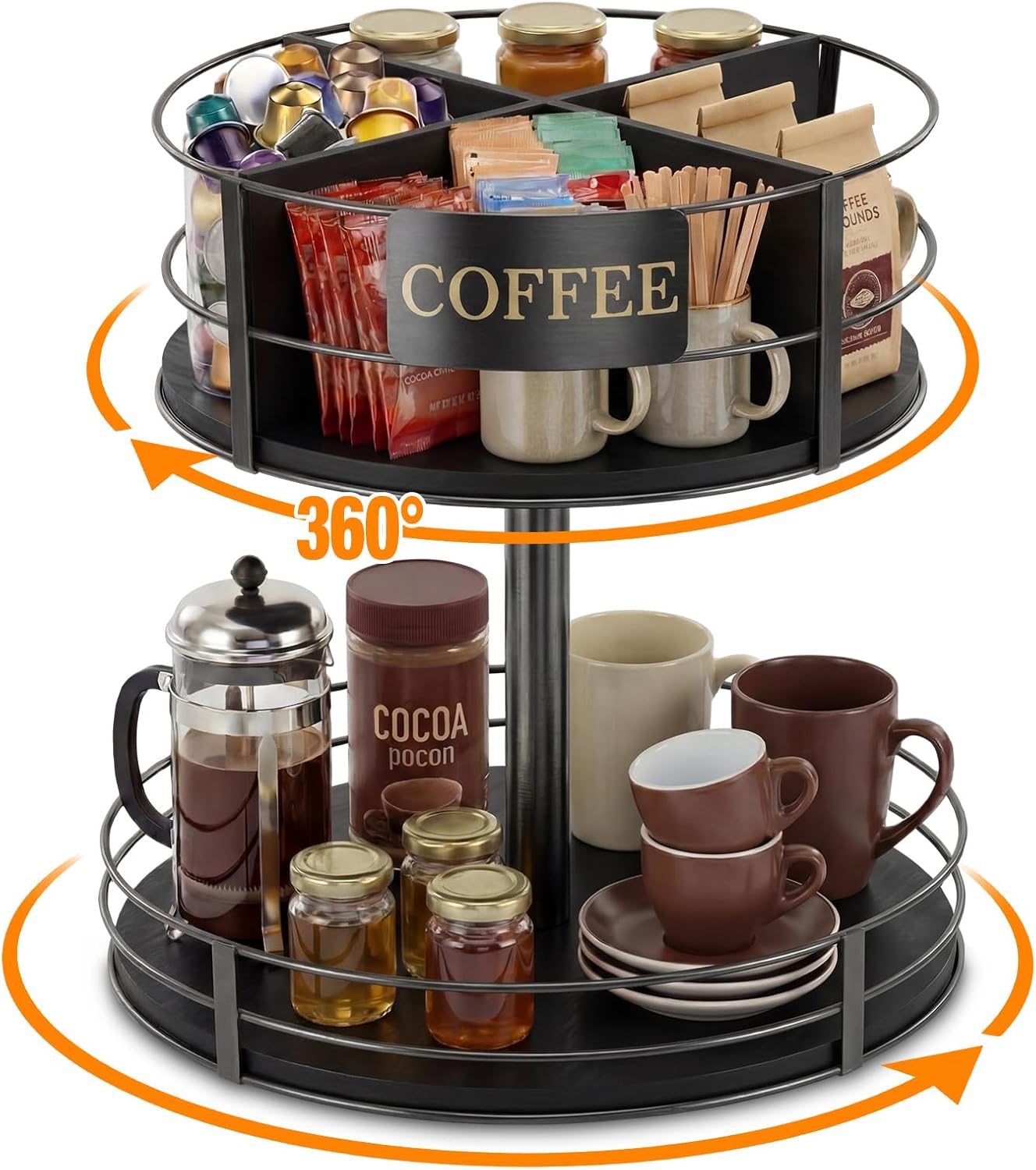Sieral Rotating Coffee Bar Organizer 2 Tier Coffee Bar Lazy Susan Wood Metal Station Organizer Holder with Convenient Grab-and-go Design for Countertop Pod Syrup Mug Tea Condiment Snack Kitchen Office