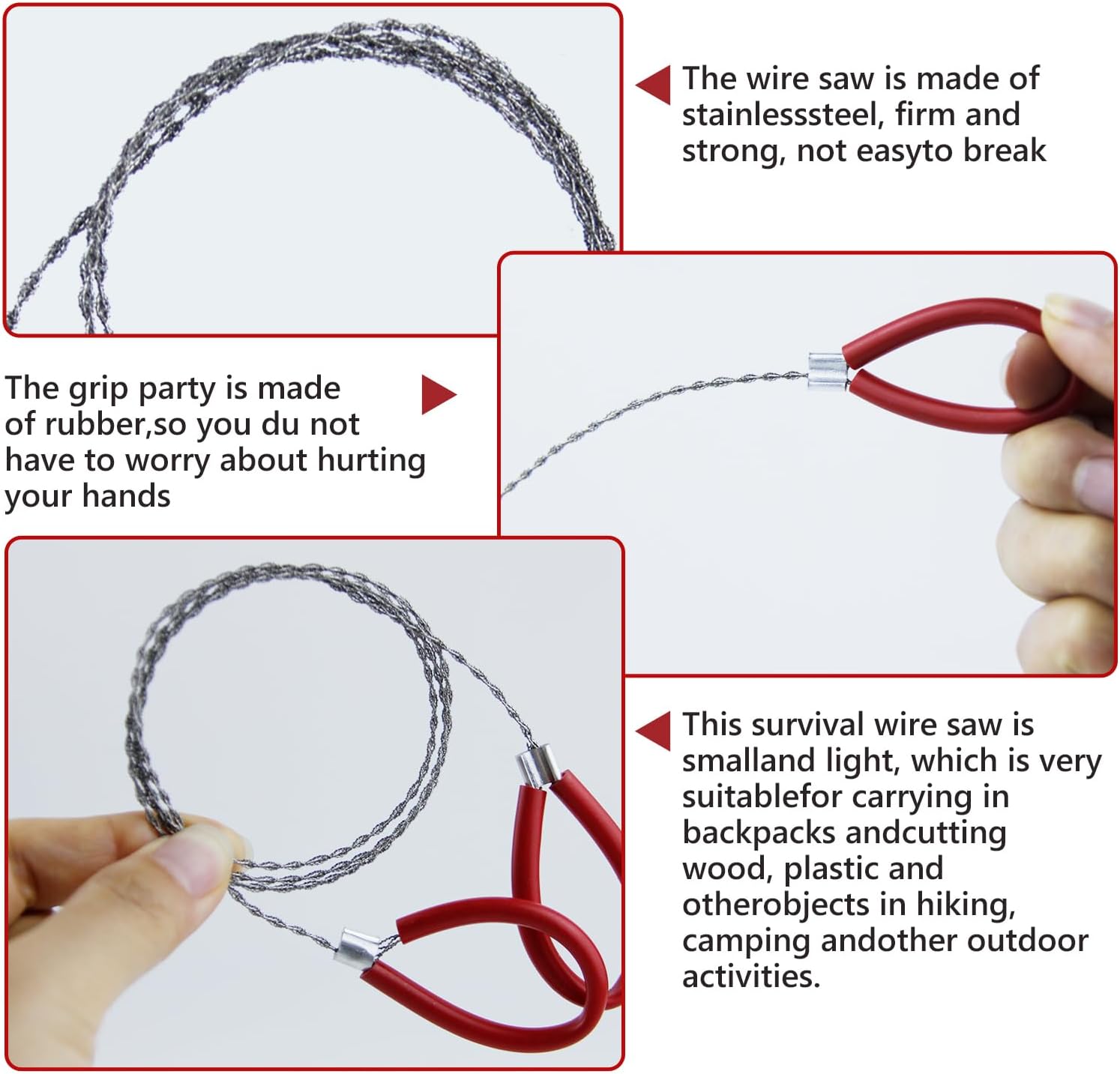 4 Pcs Stainless Steel Cable Saw, Metal Wire Saws Hand Pocket String Rope Saw, Emergency Survival Saws for Wood Camping Hiking Hunting Red and Black 23.62 Inch image 3