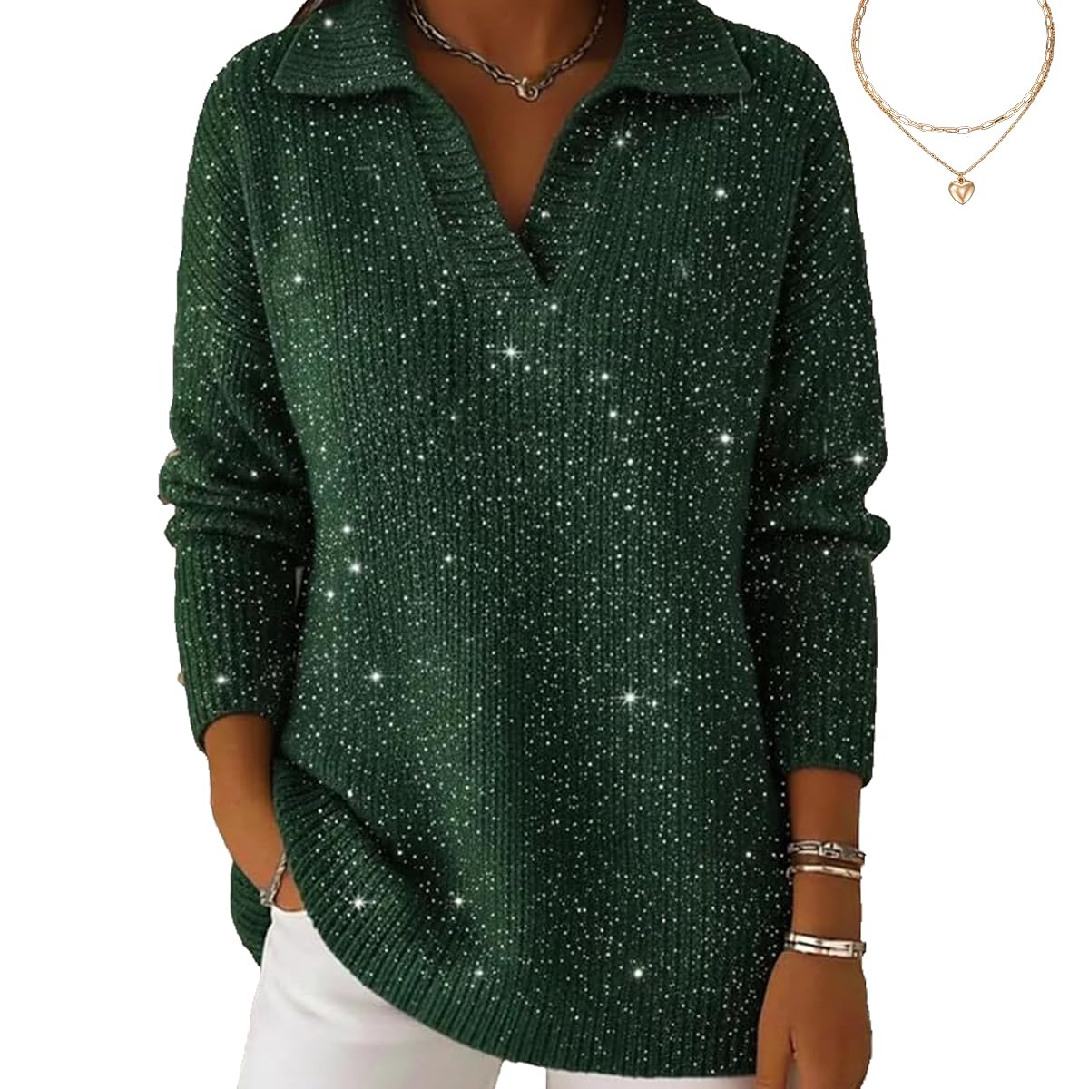 Christmas Party Polo Collar Shiny Loose Sweater Top Womens Elegant Retro V Neck Sparkly Pullover Sweater