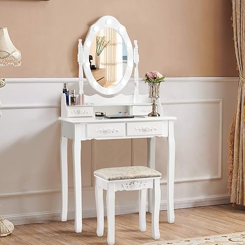 Miniatura 2 de CHARMAID Juego de tocador con 10 luces LED y 4 cajones, estante de almacenamiento, parte superior desmontable, mesa de maquillaje para dormitorio y
