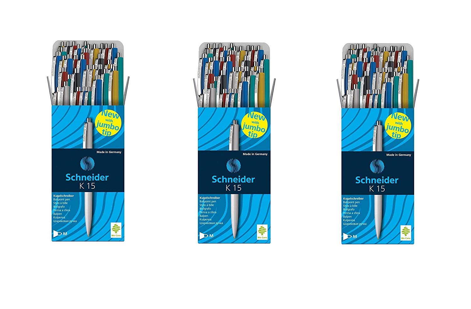Schneider Kugelschreiber K15, Schreibfarbe blau, 50 Stück, Gehäusefarben rot, grün, weiß, blau, schwarz, gelb 50 Stück/Sortiert (150 Stifte)