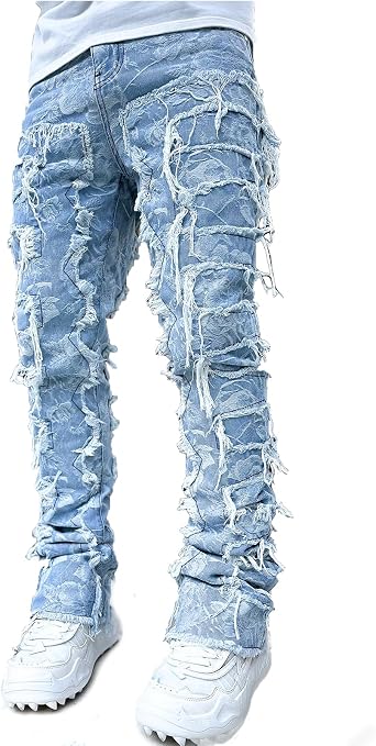 XBTCLXEBCO Mens Ripped Stacked Jeans Distressed Destroyed Straight Jeans Skinny Patchwork Denim Pants Street Hip Hop Trousers