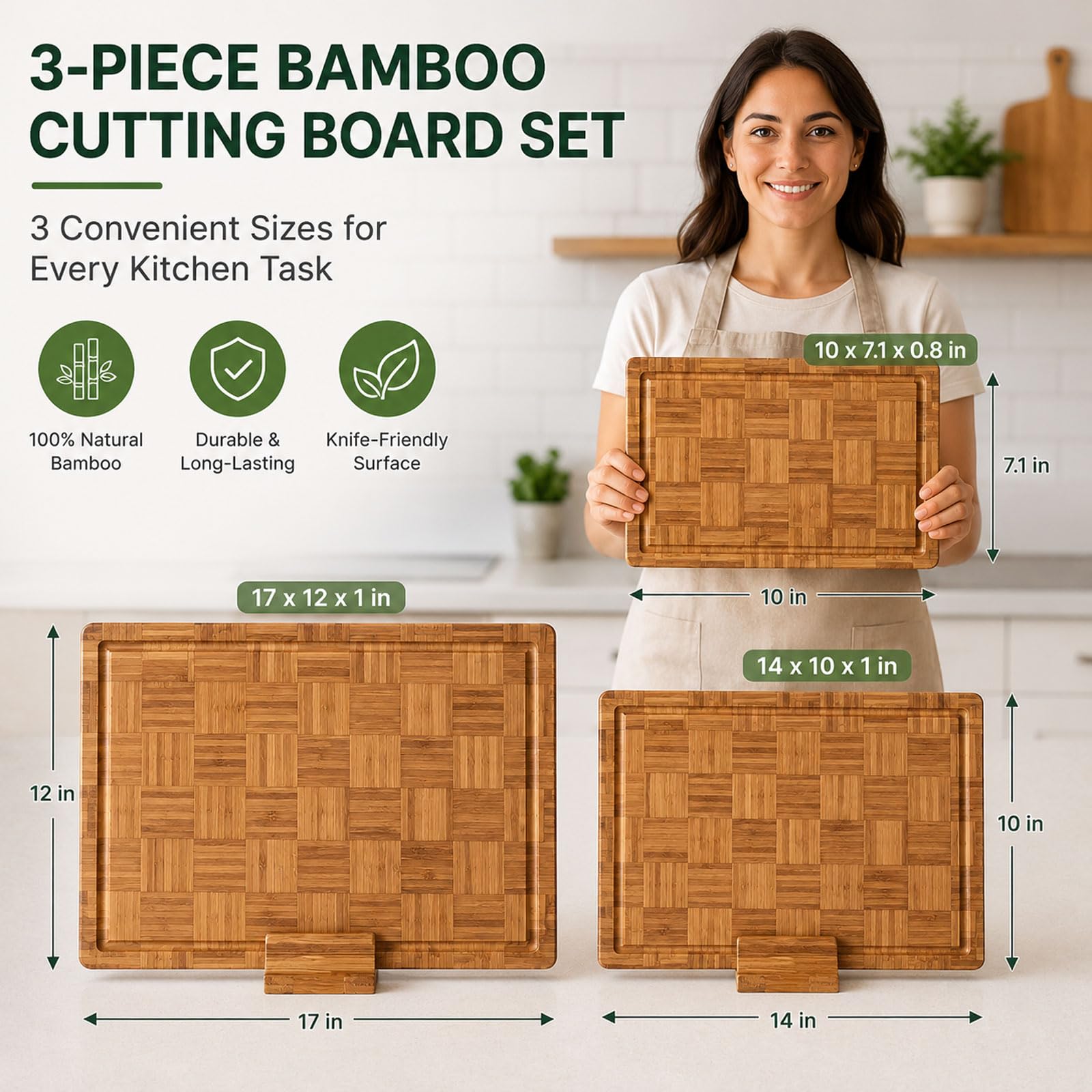 Tabla De Cortar De Bambú, Conjunto De 3 Tablas De Cocina Madera, Tabla Cortar Bambú Gruesa con Soporte Y Canal para Jugos, Tabla para Cortar, Preparar Carne, Fruta Y Pan