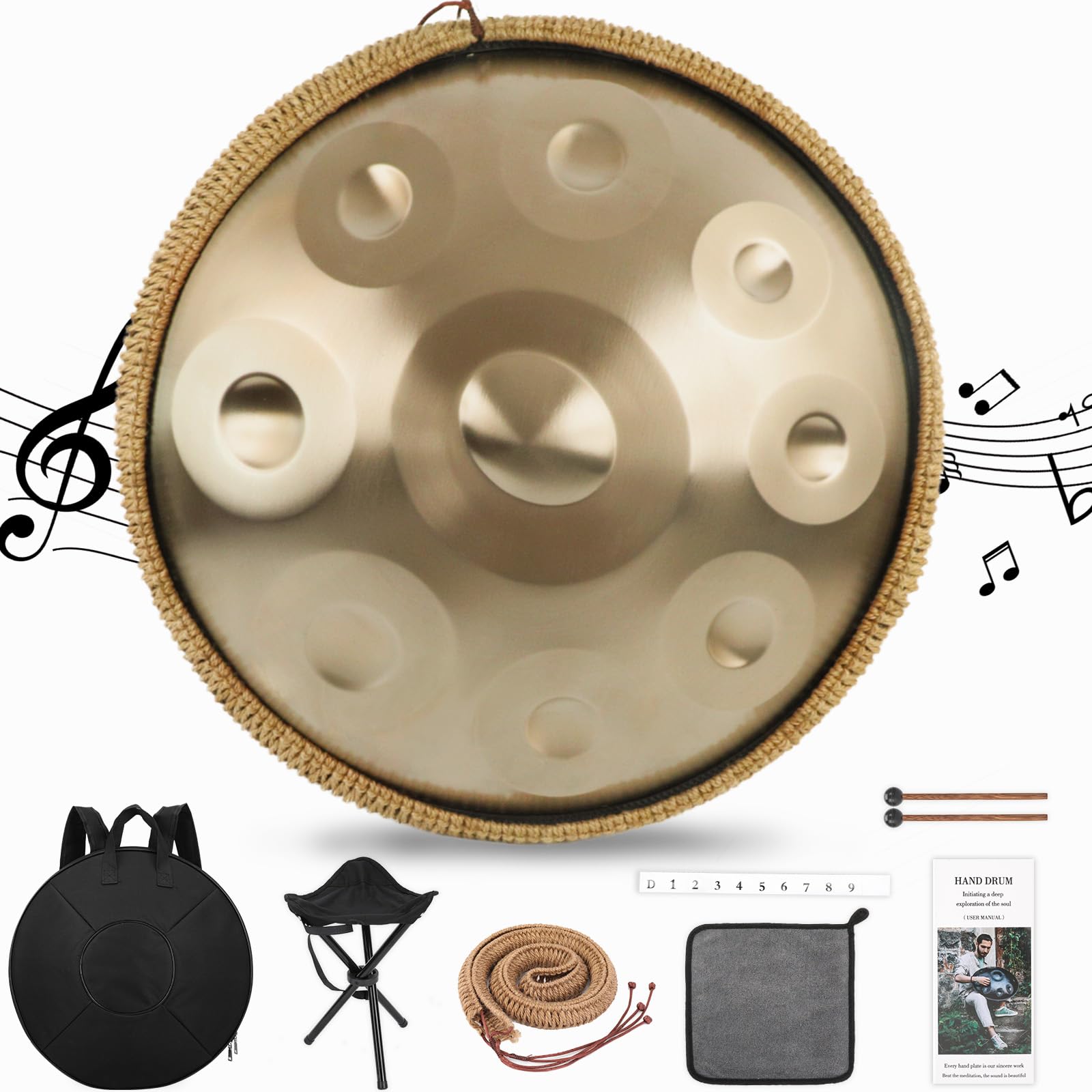 Handpan Strumento Musicale, 18 pollici 432 Hz 9 note in Acciaio Tongue Drum in sol Minore con Bacchette, Supporto per batteria, Borsa per Meditazione Yoga