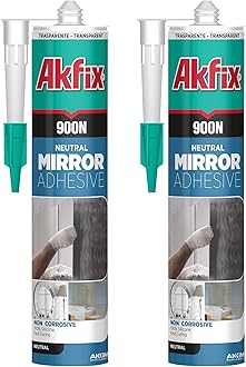 Akfix 900N Clear 100% Silicone Adhesive for Mirror (2x10.5 fl.oz.) - Solvent-Free Mirror Adhesive, Low Odor, Non-Corrosive, Durable, Fast Curing, Non-sag, Flexible Silicone Caulk | Clear, 2 Pack
